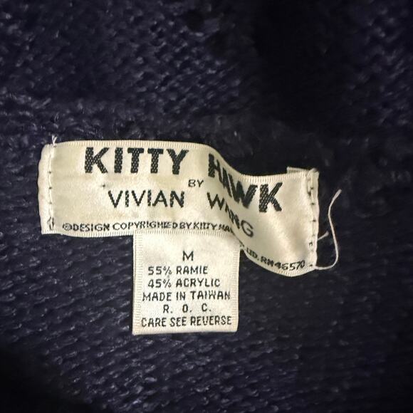 Vintage 80s Kitty Hawk NAvy Blue 3D knit Floral Embroidered Sweater M - Picture 5 of 5